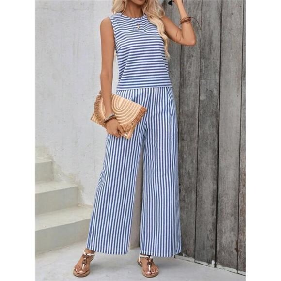 EMERY ROSE 2pcs/Set Striped Top And Pants Outfit Summer - Picture 5 of 6